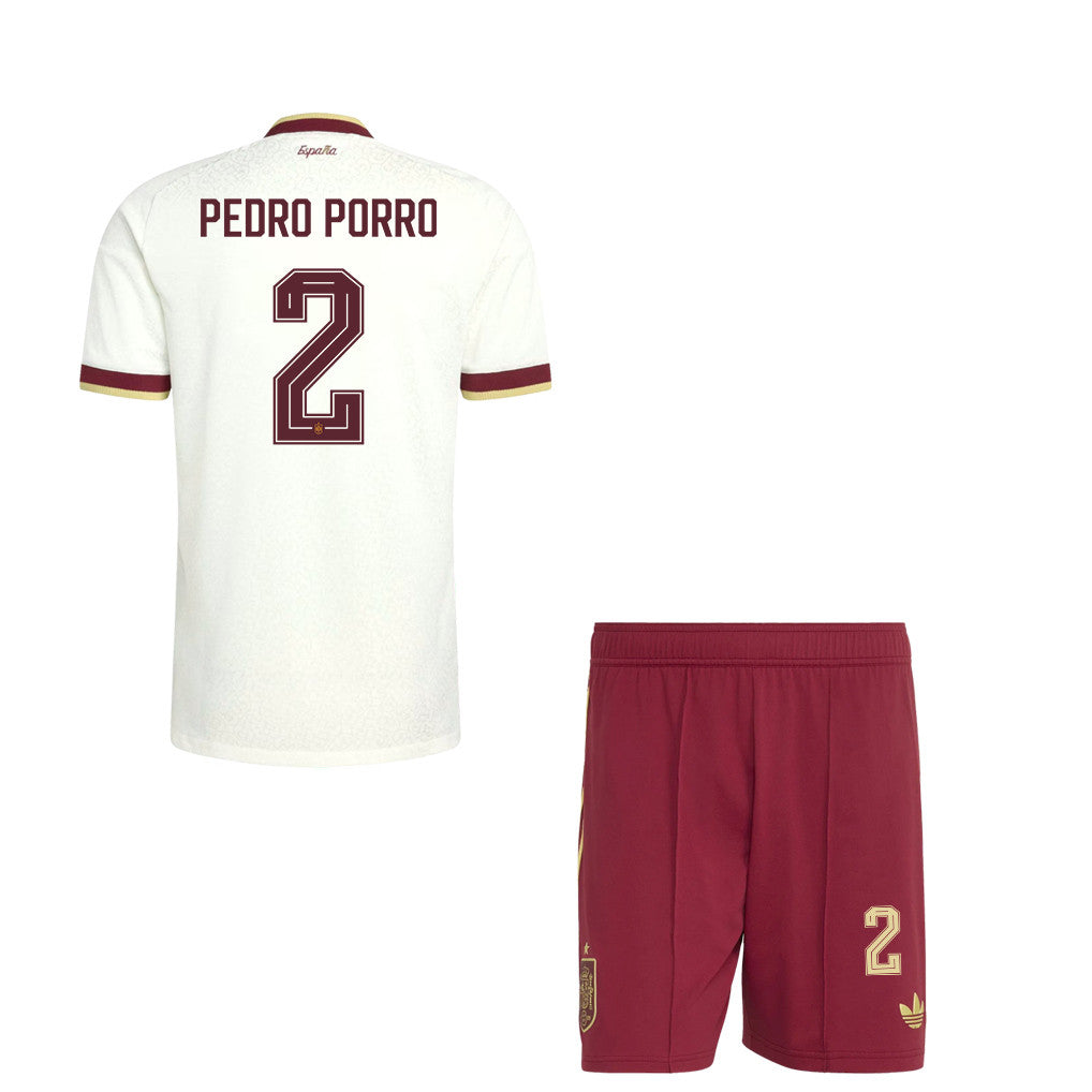 Pedro Porro 2 Spain 2026 YOUTH Away Jersey & Shorts Set - White And Red