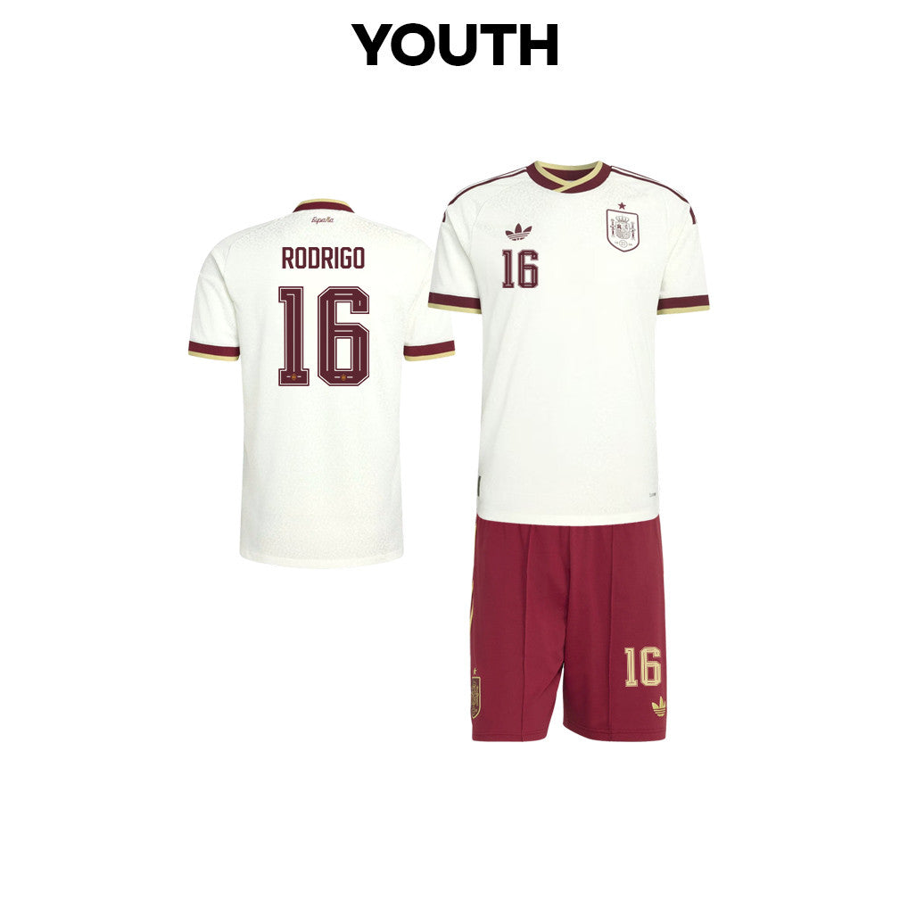 Rodri 16 Spain 2026 YOUTH Away Jersey & Shorts Set - White And Red