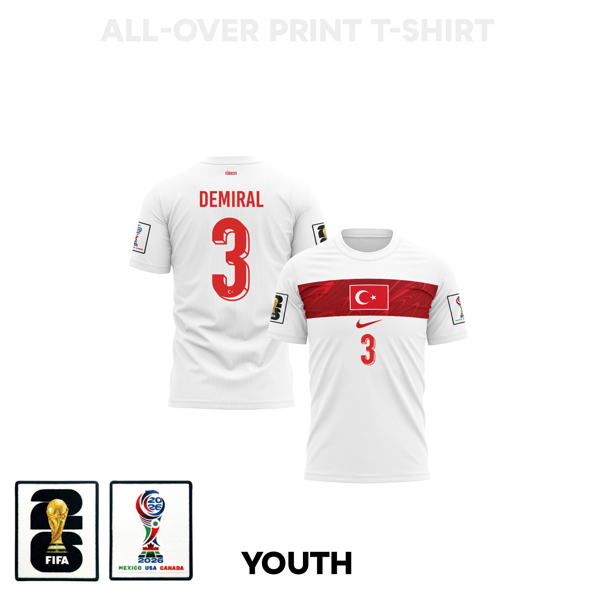 Merih Demiral 3 Youth Turkey 2026 Away 3D T-shirt Fully Printed – White