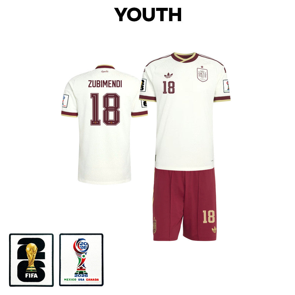 Martin Zubimendi 18 Spain 2026 YOUTH Away Jersey & Shorts Set - White And Red
