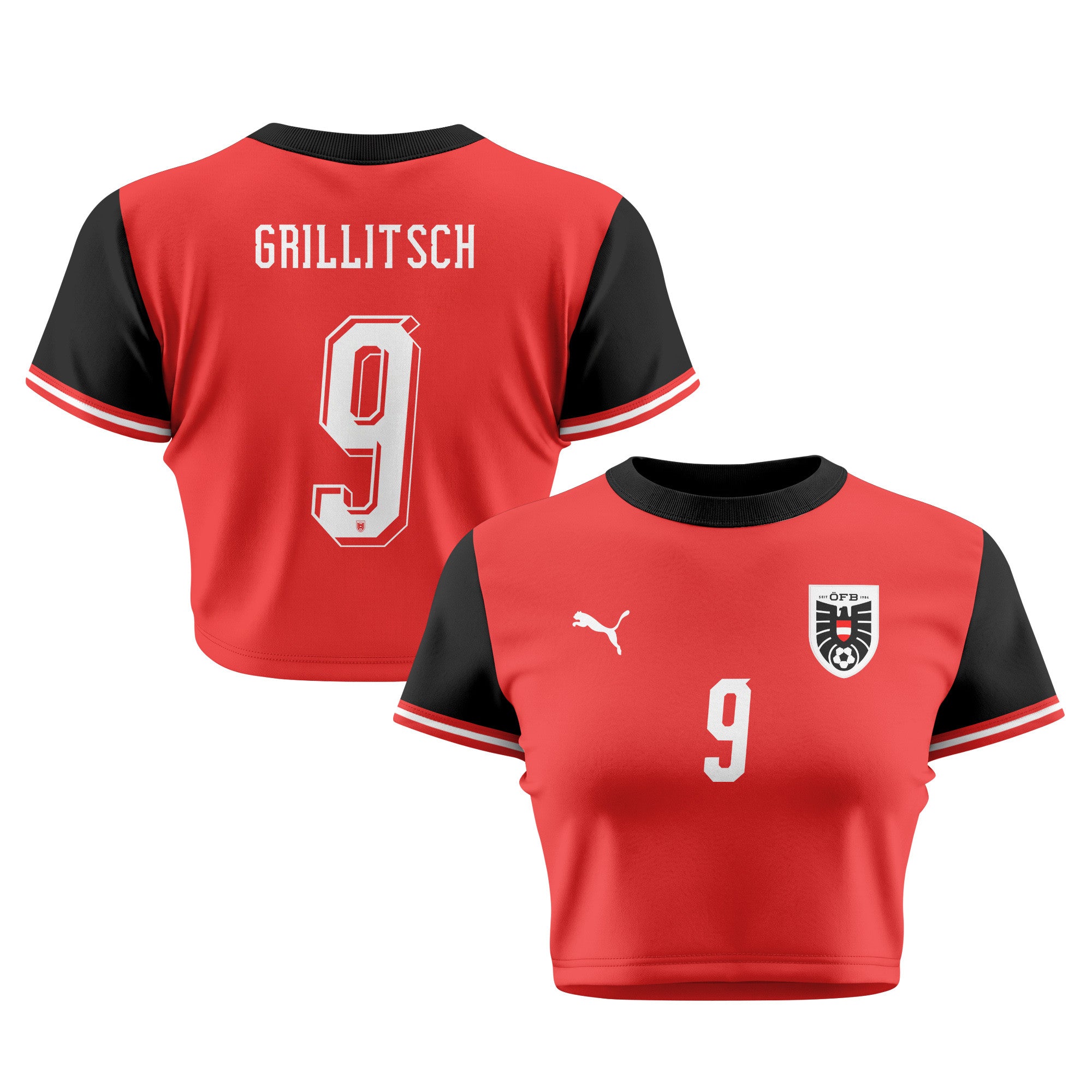 Florian Grillitsch 9 Austria 2026 Women's Home All-Over Print Cropped Jersey - Red