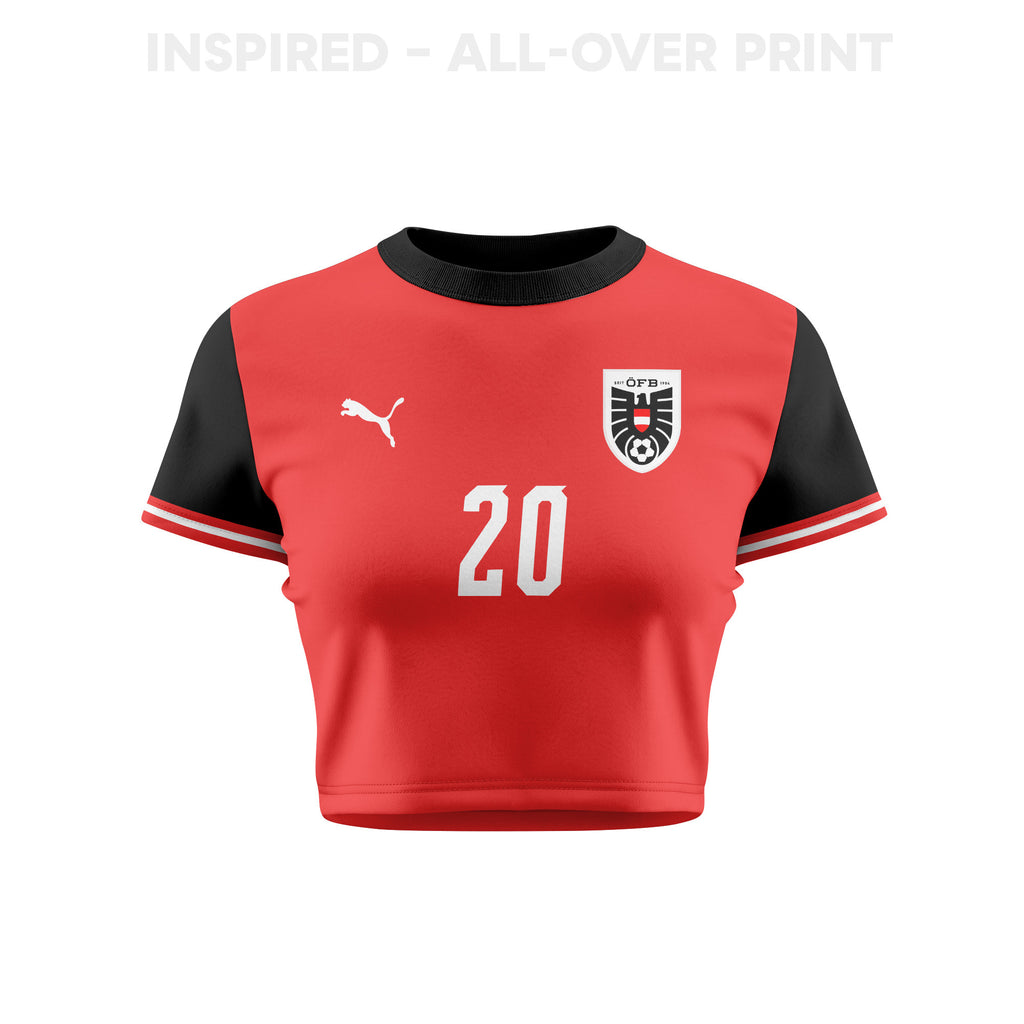 Konrad Laimer 20 Austria 2026 Women's Home All-Over Print Cropped Jersey - Red