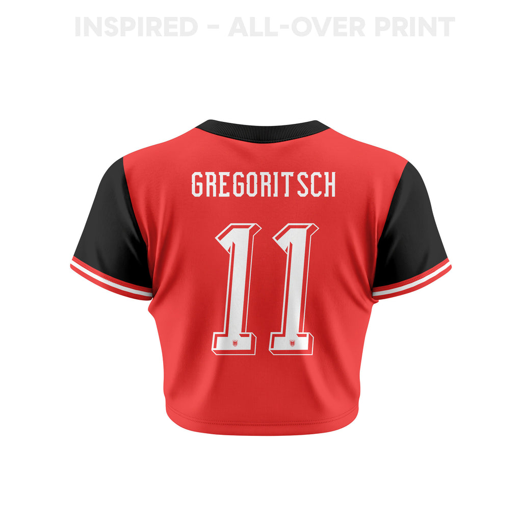 Michael Gregoritsch 11 Austria 2026 Women's Home All-Over Print Cropped Jersey - Red