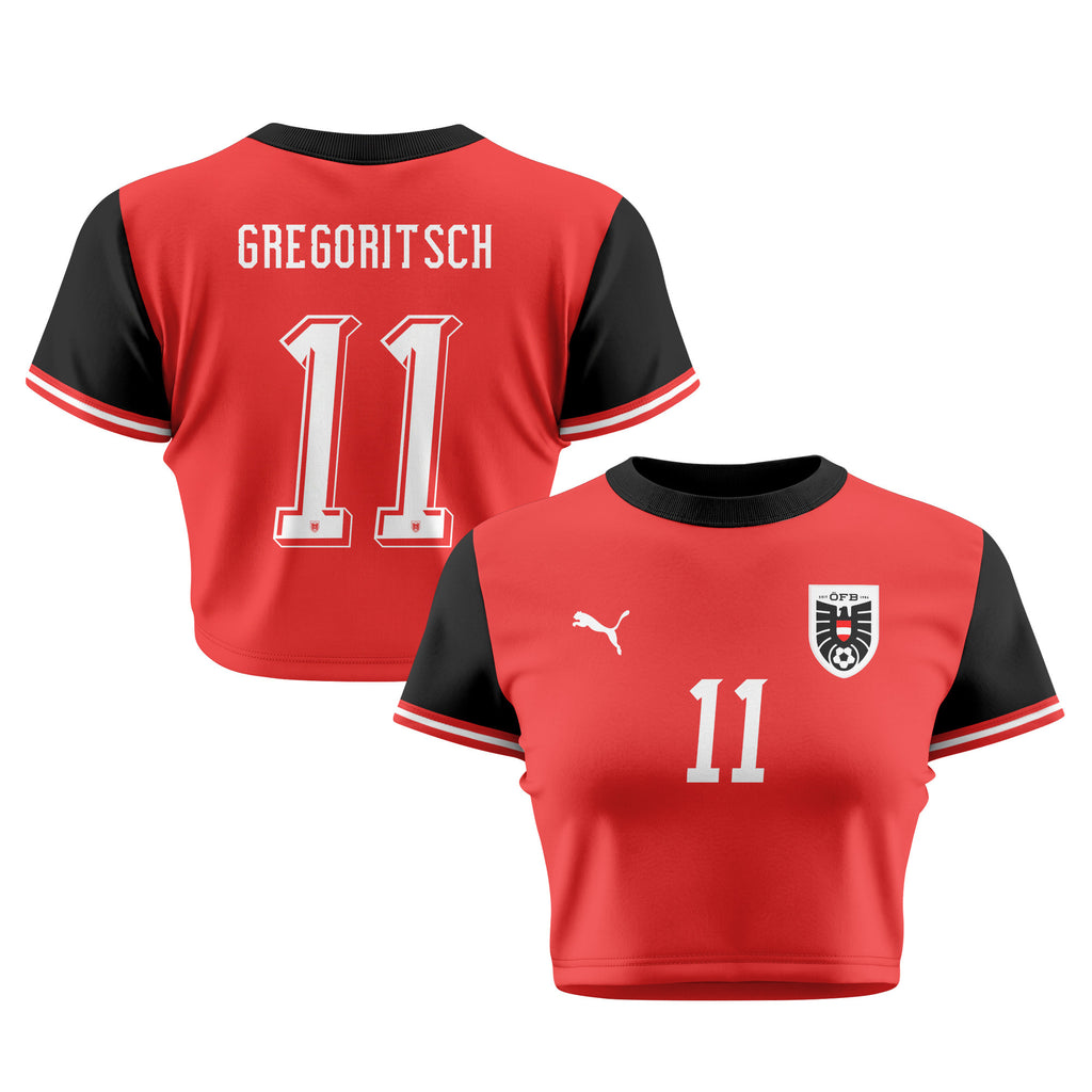 Michael Gregoritsch 11 Austria 2026 Women's Home All-Over Print Cropped Jersey - Red