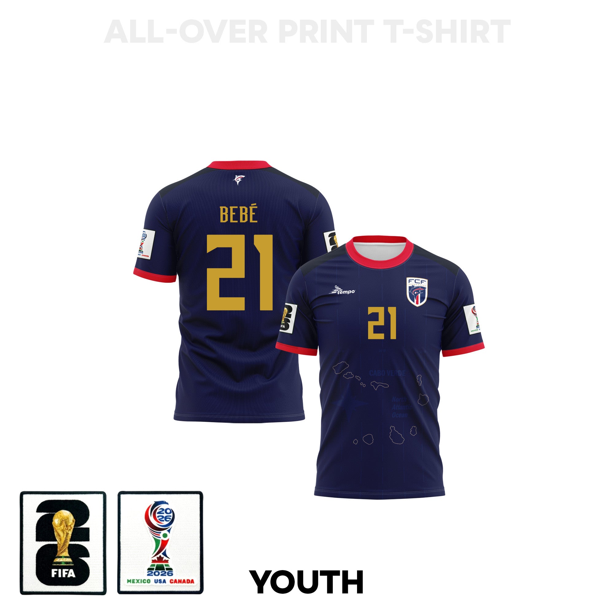 Bebé 21 Cape Verde 2026 Youth Home 3D T-shirt Fully Printed – Navy