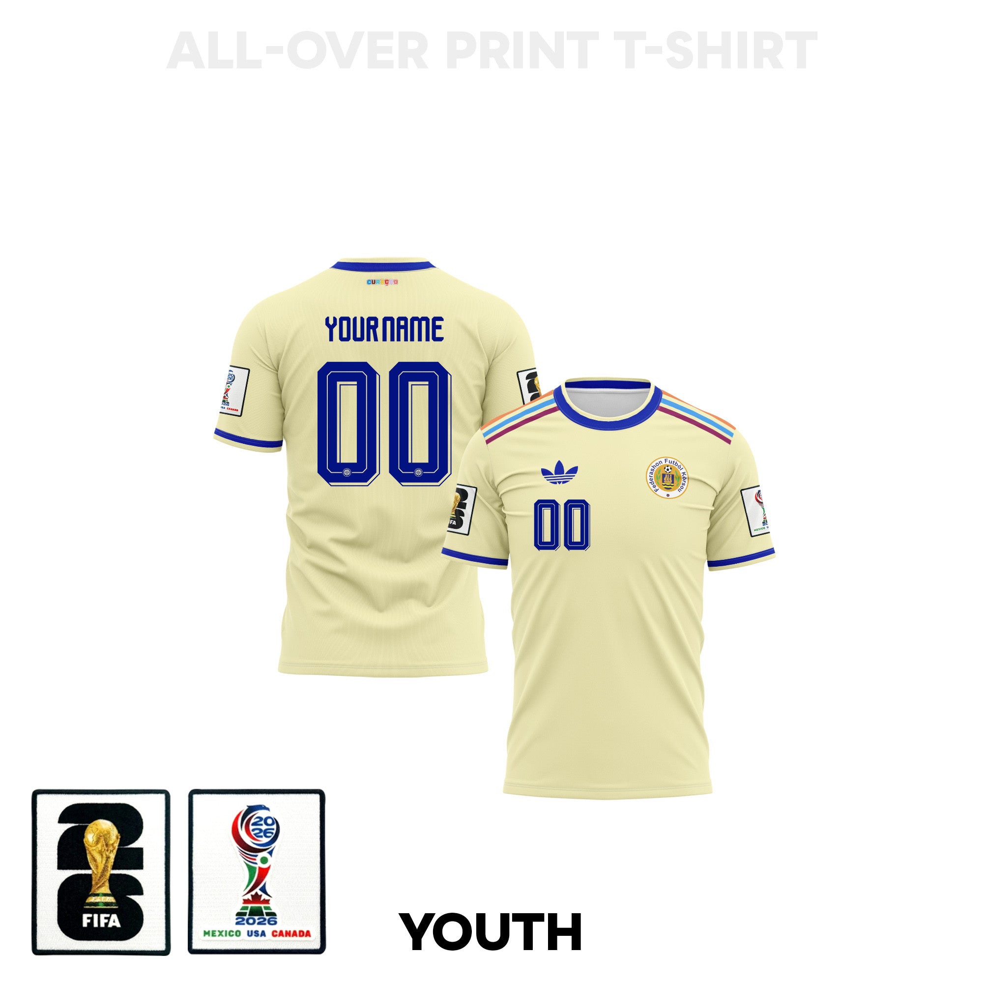 Curaçao 2026 Personalized Youth Away 3D T-shirt Fully Printed – Light Yellow