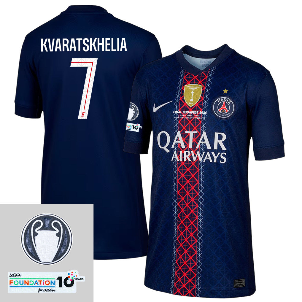 Khvicha Kvaratskhelia 7 Paris Saint-Germain 2025/26 Final Match Detail Home Jersey – YOUTH, Navy