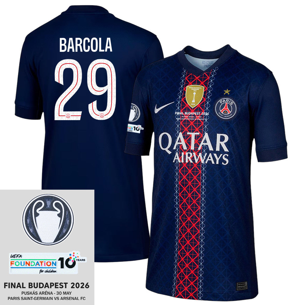 Bradley Barcola 29 Paris Saint-Germain 2025/26 Final Match Detail Home Jersey – YOUTH, Navy