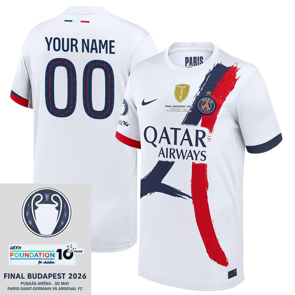 Paris Saint-Germain 2025/26 Final Match Detail Custom Name Away Jersey – YOUTH, White