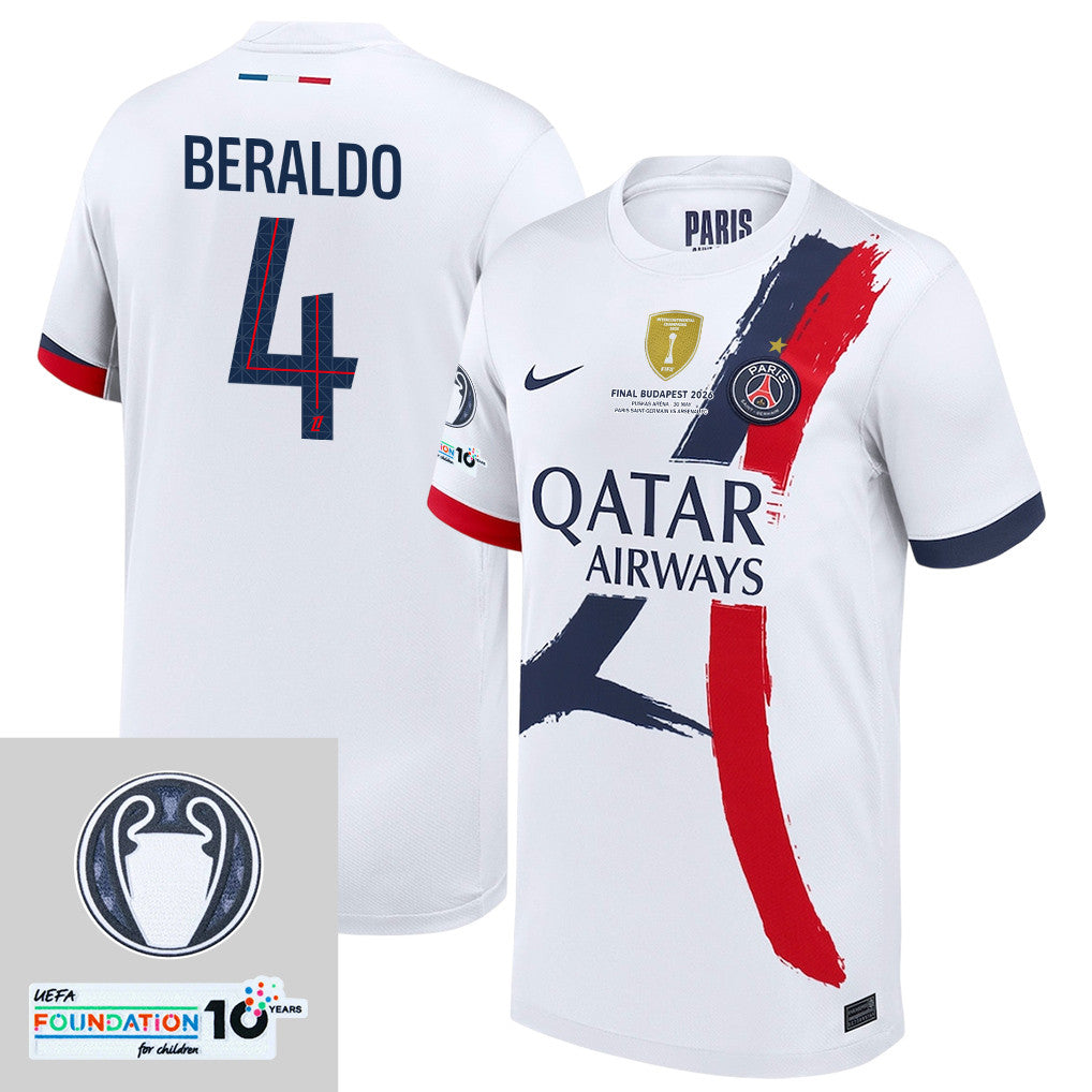 Lucas Beraldo 4 Paris Saint-Germain 2025/26 Final Match Detail Away Jersey – YOUTH, White