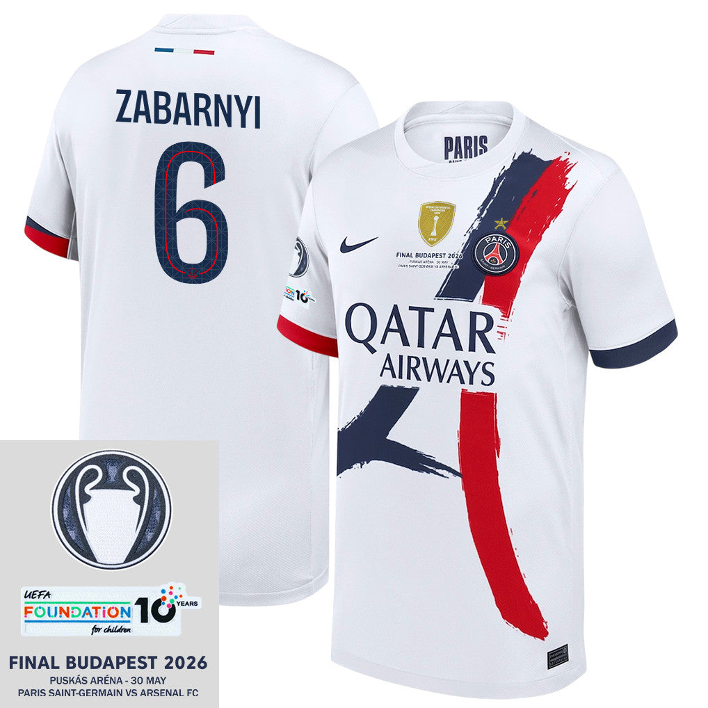 Illia Zabarnyi 6 Paris Saint-Germain 2025/26 Final Match Detail Away Jersey – YOUTH, White