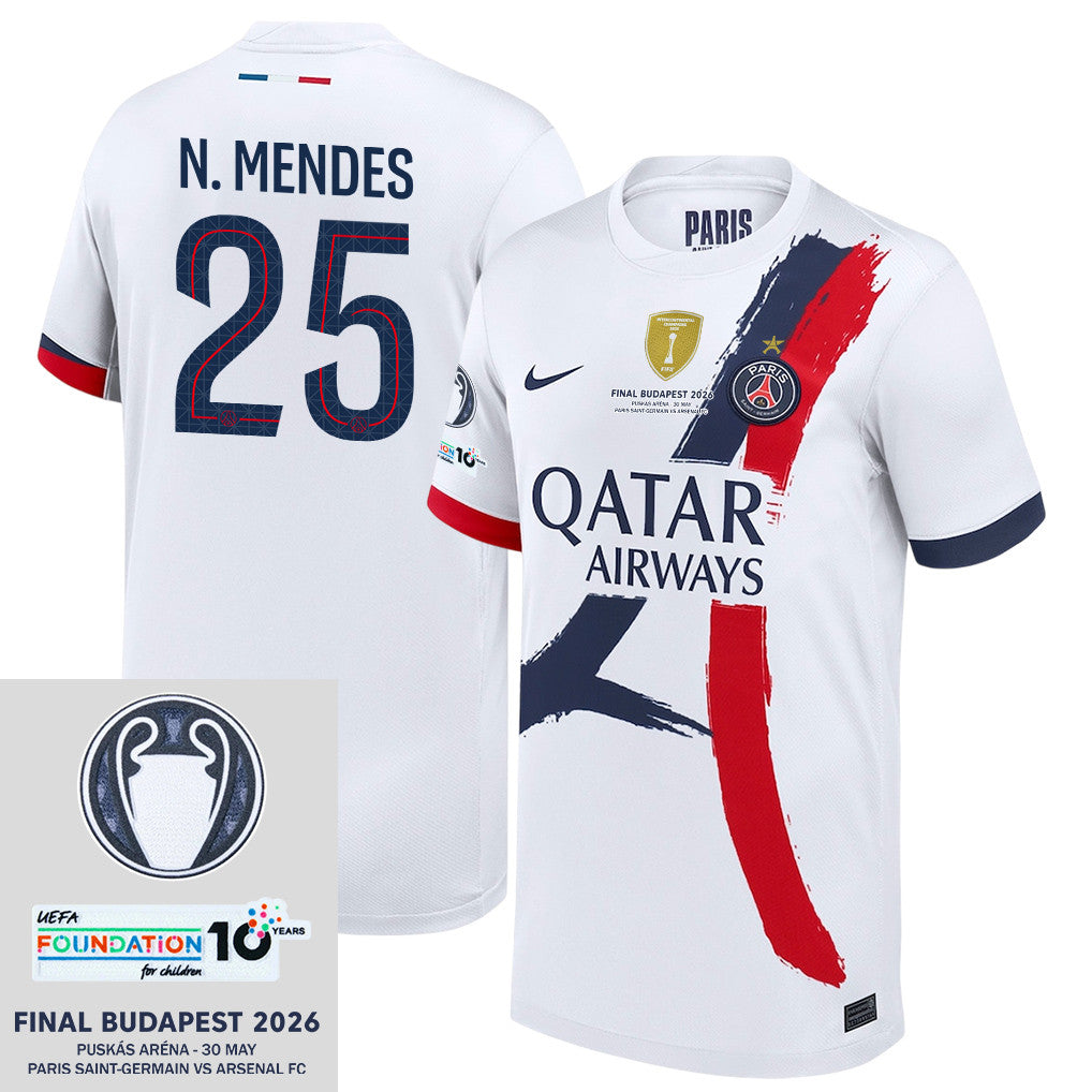 Nuno Mendes 25 Paris Saint-Germain 2025/26 Final Match Detail Away Jersey – YOUTH, White