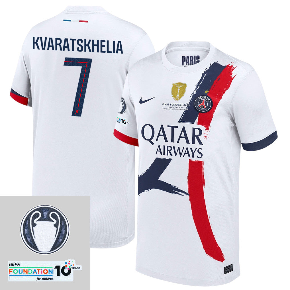 Khvicha Kvaratskhelia 7 Paris Saint-Germain 2025/26 Final Match Detail Away Jersey – YOUTH, White