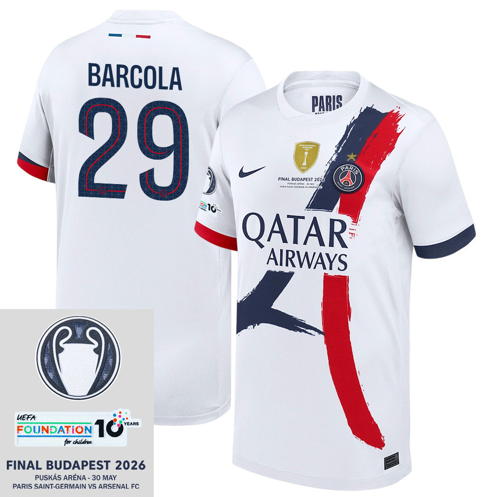 Bradley Barcola 29 Paris Saint-Germain 2025/26 Final Match Detail Away Jersey – YOUTH, White