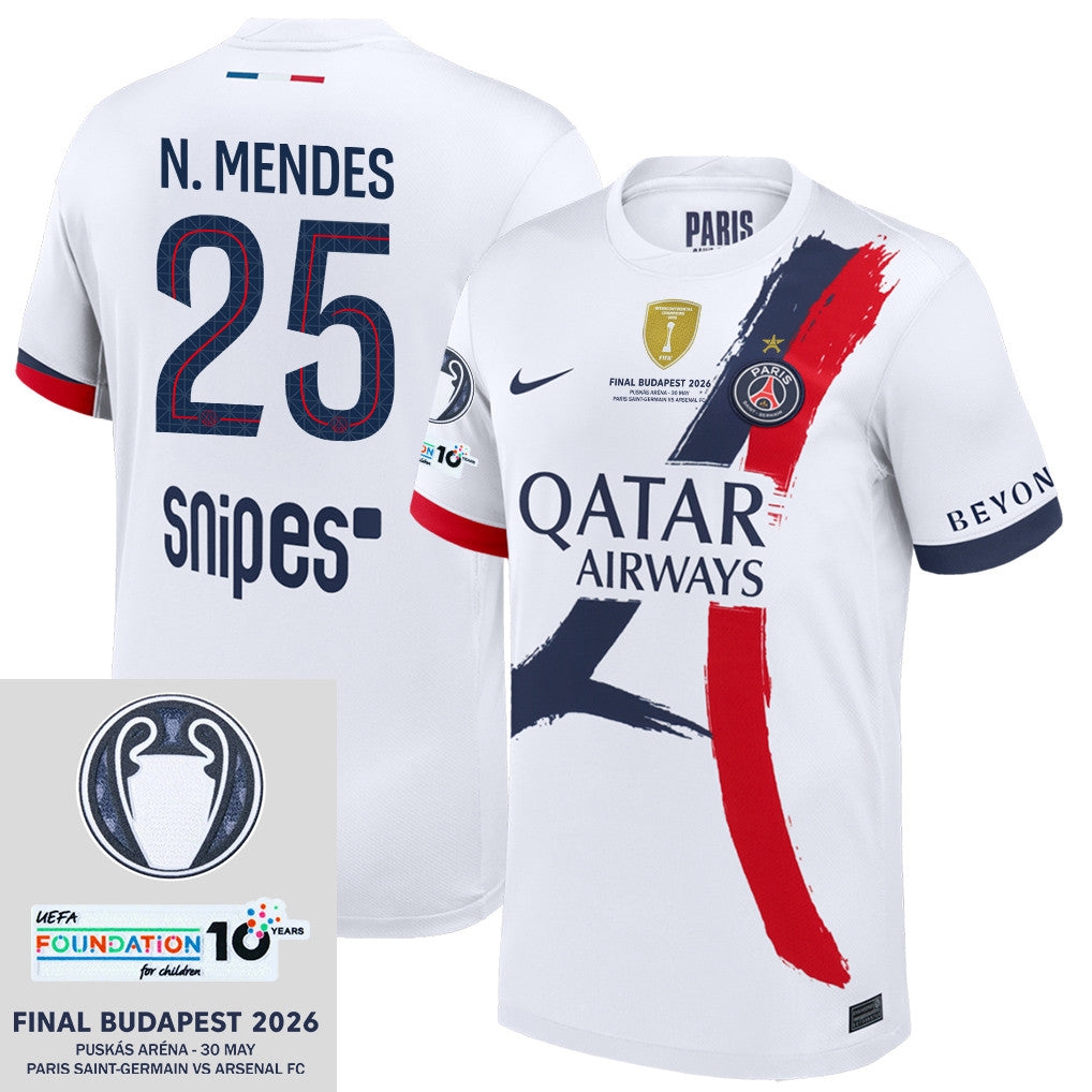 Nuno Mendes 25 Paris Saint-Germain 25/26 Final Match Detail Away Jersey – Men, White