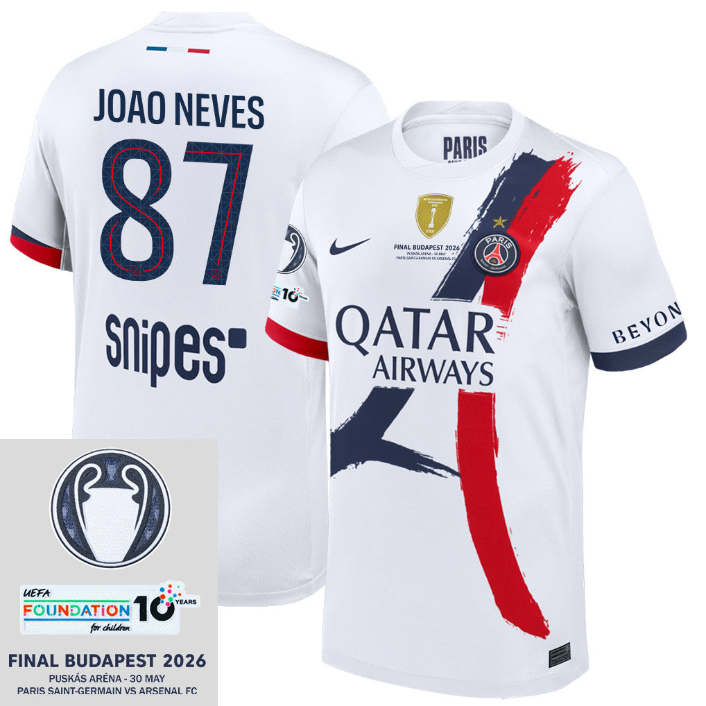 João Neves 87 Paris Saint-Germain 25/26 Final Match Detail Away Jersey – Men, White