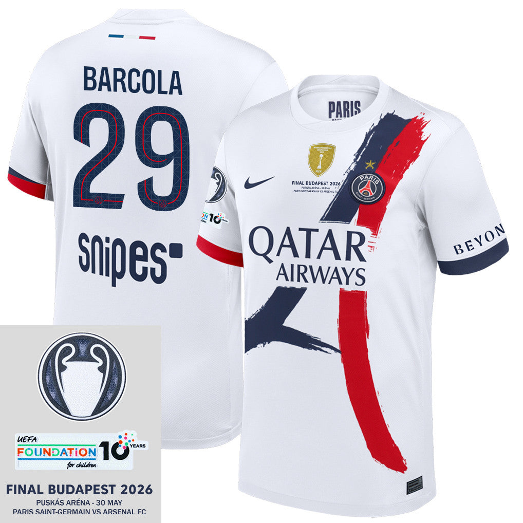 Bradley Barcola 29 Paris Saint-Germain 25/26 Final Match Detail Away Jersey – Men, White