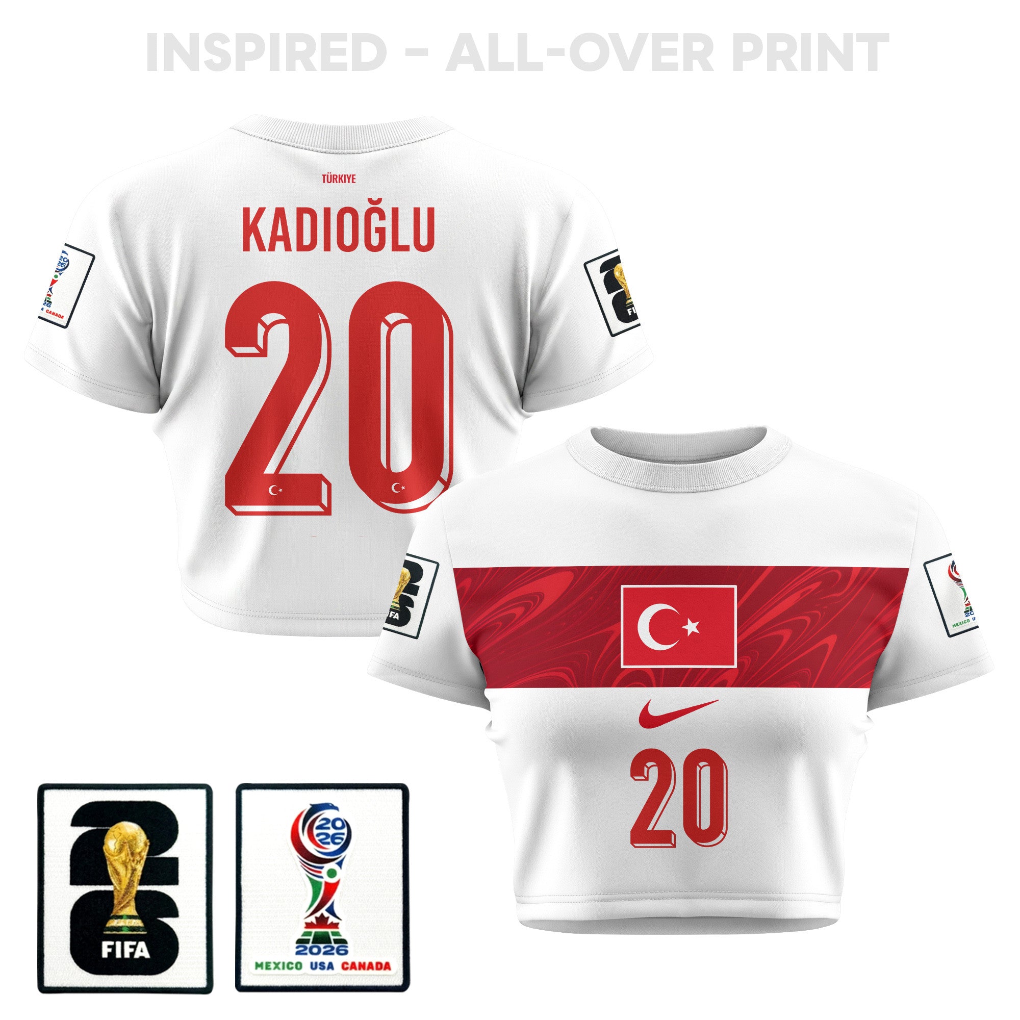 Ferdi Kadioglu 20 Turkey 2026 Women's Away All-Over Print Cropped Jersey - White