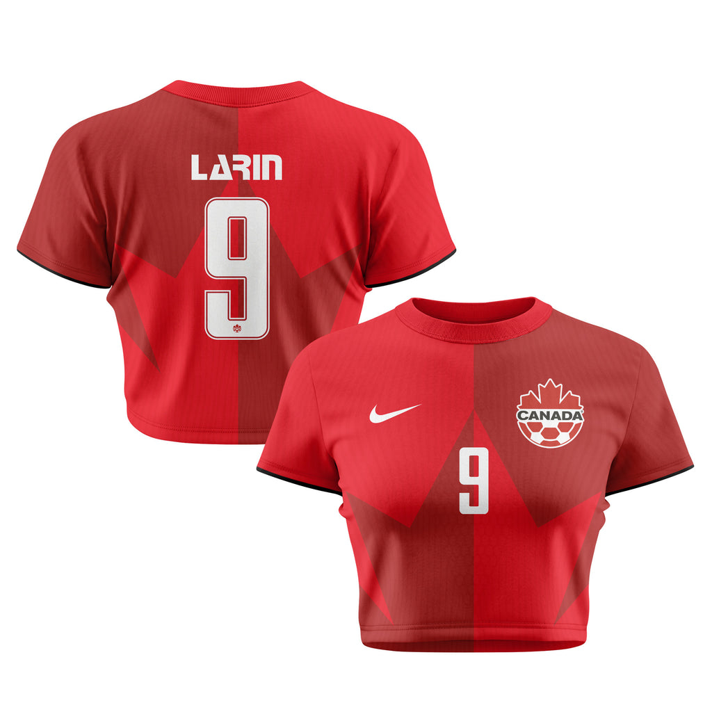 Cyle Larin 9 Canada 2026 Women's Home All-Over Print Cropped Jersey - Red