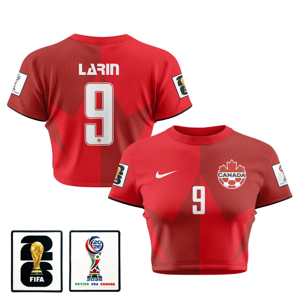 Cyle Larin 9 Canada 2026 Women's Home All-Over Print Cropped Jersey - Red
