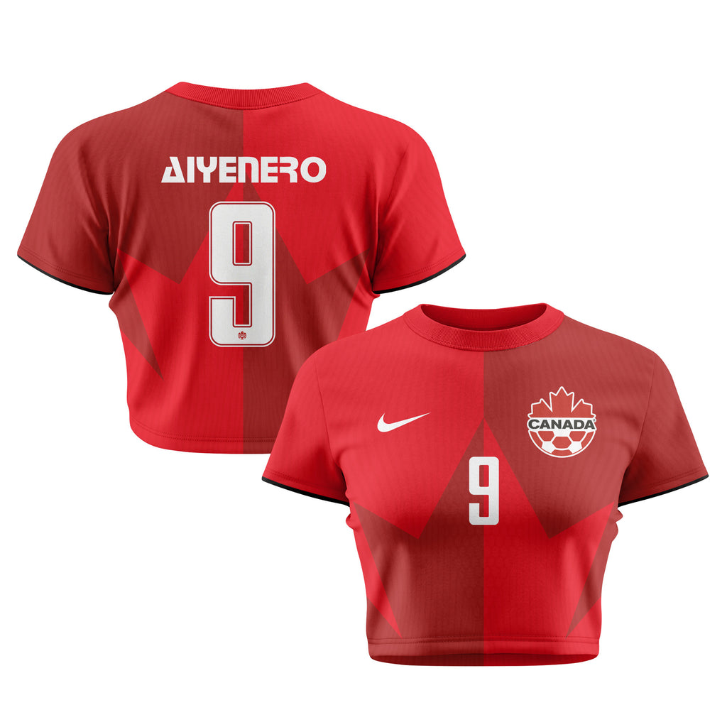 Marius Aiyenero 9 Canada 2026 Women's Home All-Over Print Cropped Jersey - Red