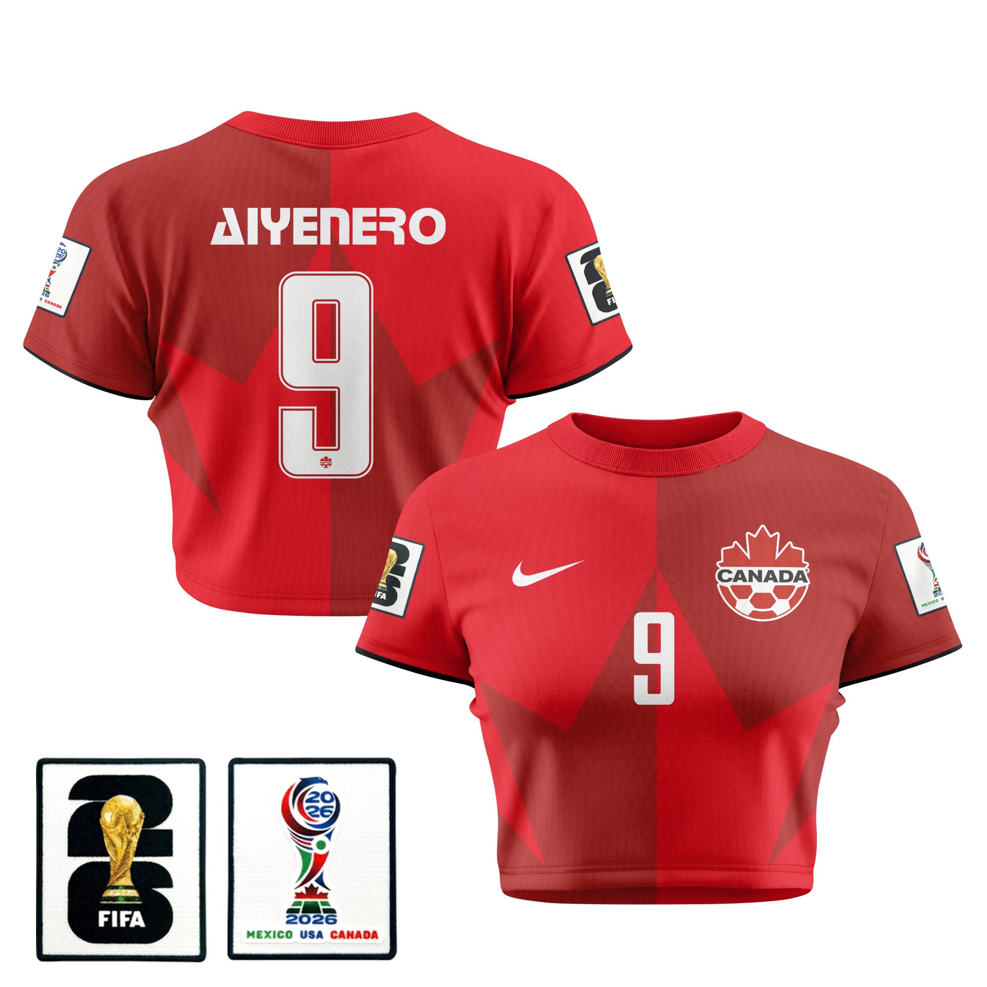 Marius Aiyenero 9 Canada 2026 Women's Home All-Over Print Cropped Jersey - Red
