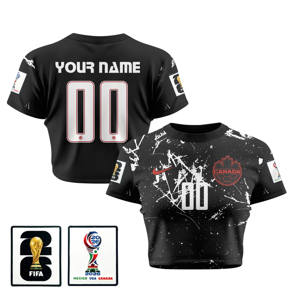 Canada 2026 Women's Away Personalized All-Over Print Cropped Jersey - Black