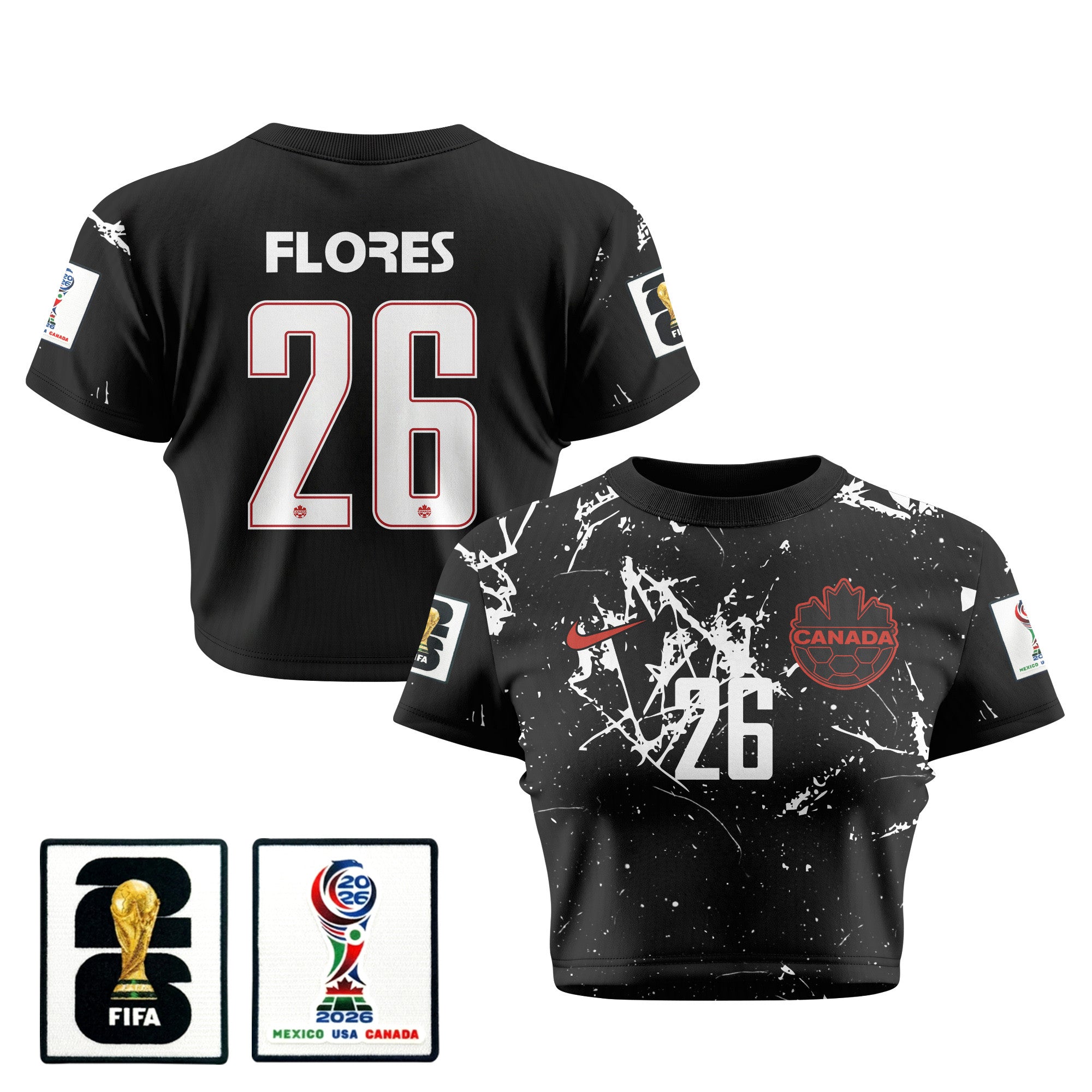 Marcelo Flores 26 Canada 2026 Women's Away All-Over Print Cropped Jersey - Black