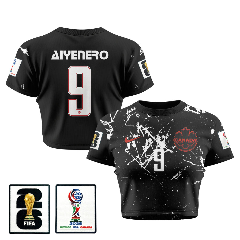 Marius Aiyenero 9 Canada 2026 Women's Away All-Over Print Cropped Jersey - Black