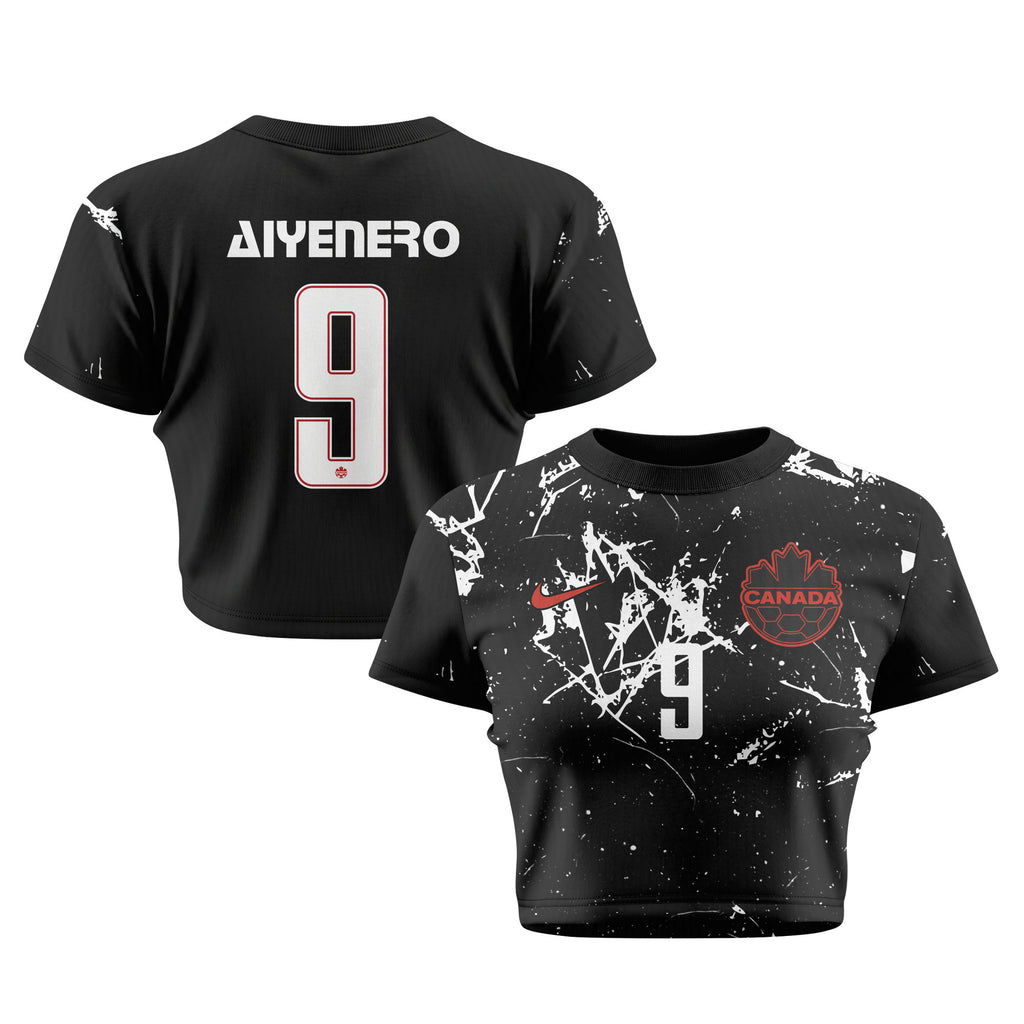 Marius Aiyenero 9 Canada 2026 Women's Away All-Over Print Cropped Jersey - Black
