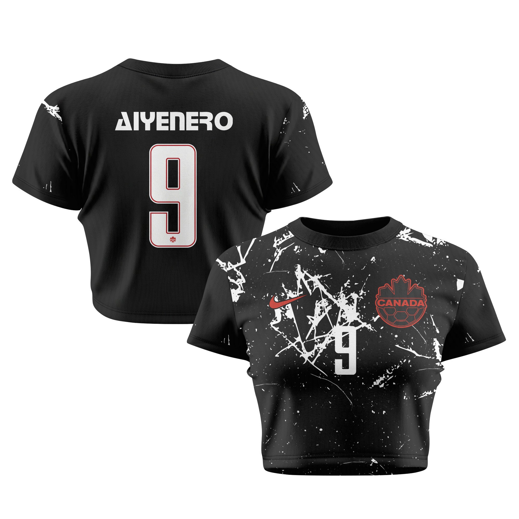 Marius Aiyenero 9 Canada 2026 Women's Away All-Over Print Cropped Jersey - Black