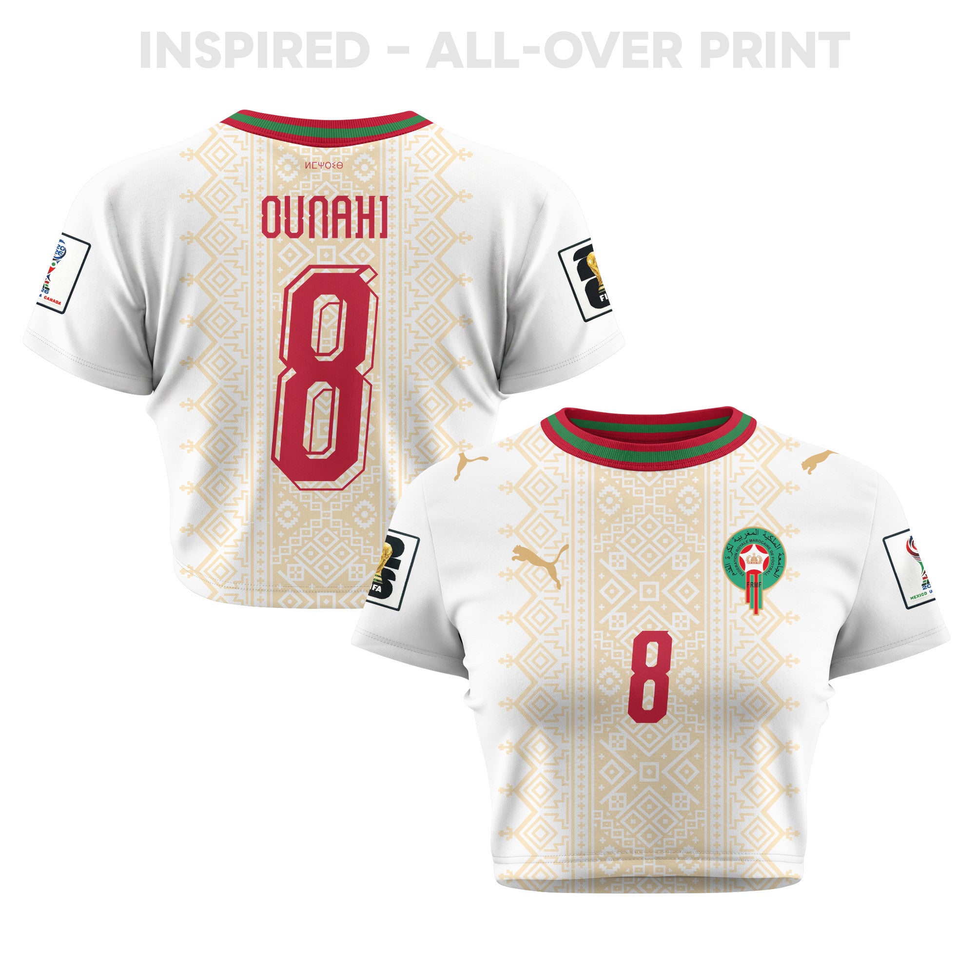 Azzedine Ounahi 8 Morocco 2026 Women's Away All-Over Print Cropped Jersey - White
