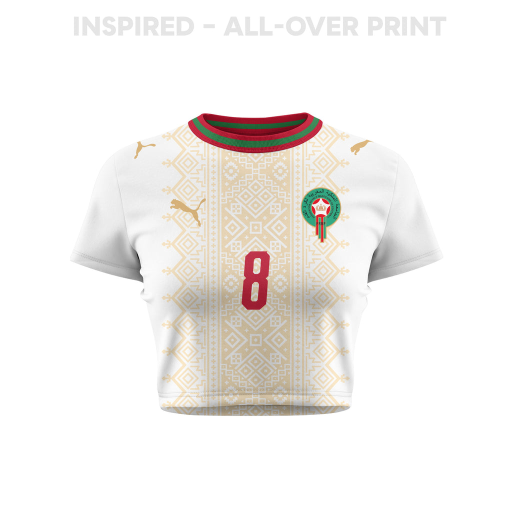 Azzedine Ounahi 8 Morocco 2026 Women's Away All-Over Print Cropped Jersey - White