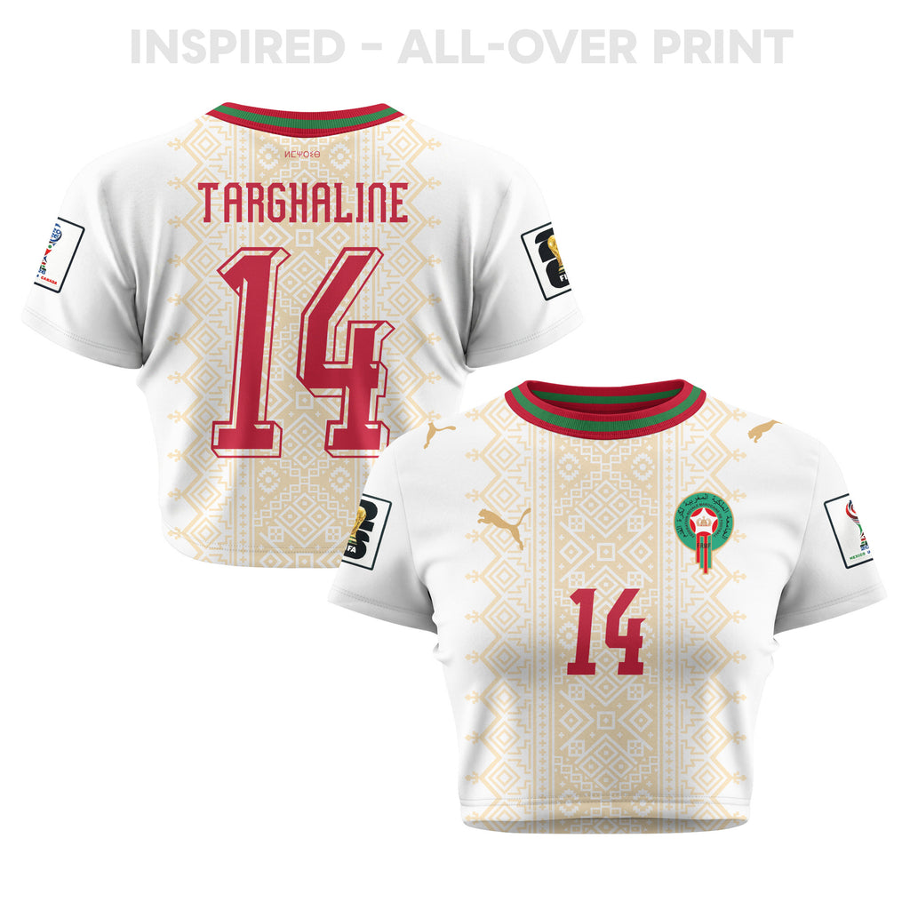 Oussama Targhaline 14 Morocco 2026 Women's Away All-Over Print Cropped Jersey - White