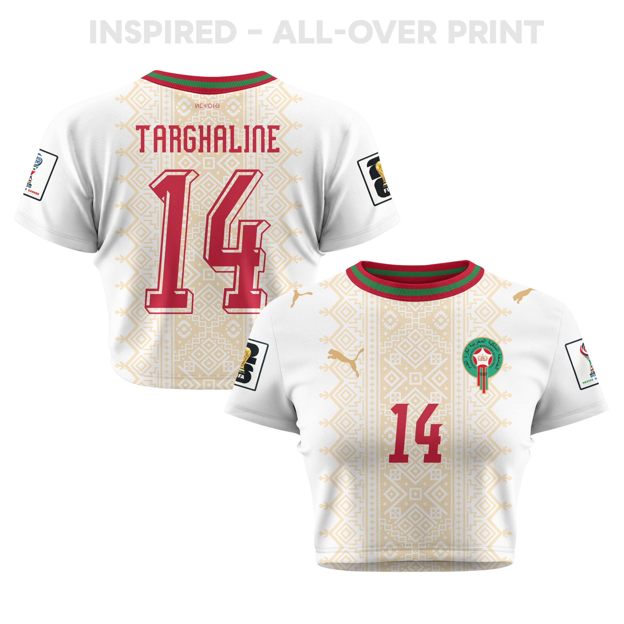 Oussama Targhaline 14 Morocco 2026 Women's Away All-Over Print Cropped Jersey - White
