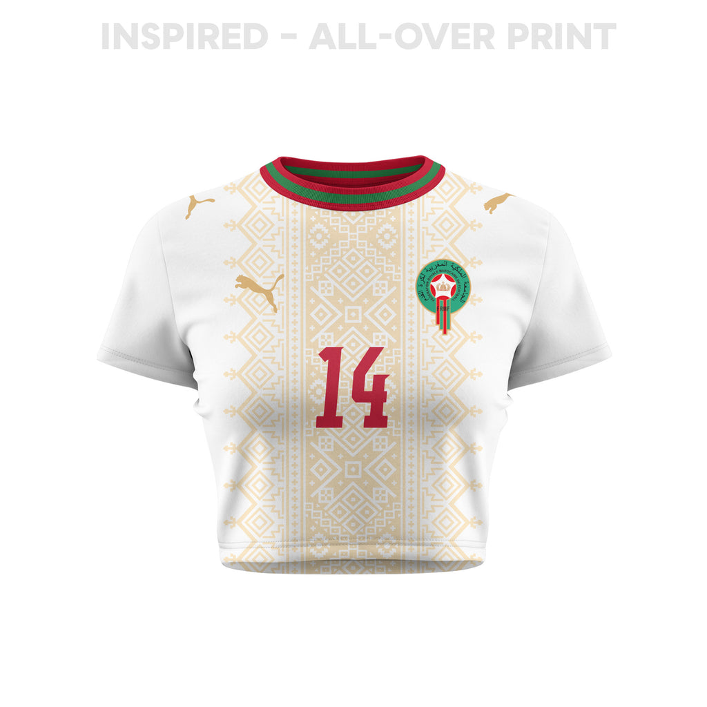 Oussama Targhaline 14 Morocco 2026 Women's Away All-Over Print Cropped Jersey - White