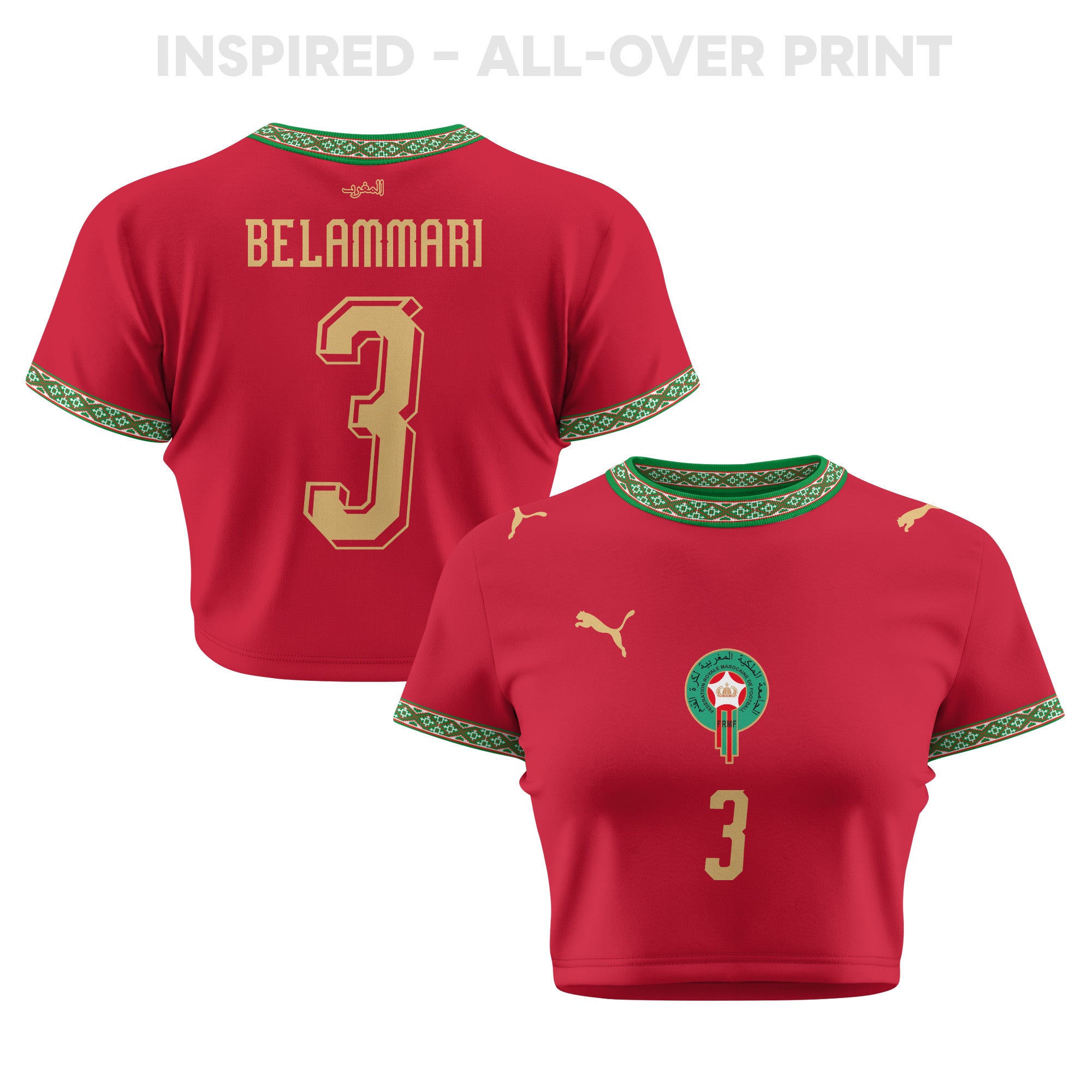 Youssef Belammari 3 Morocco 2026 Women's Home All-Over Print Cropped Jersey - Red