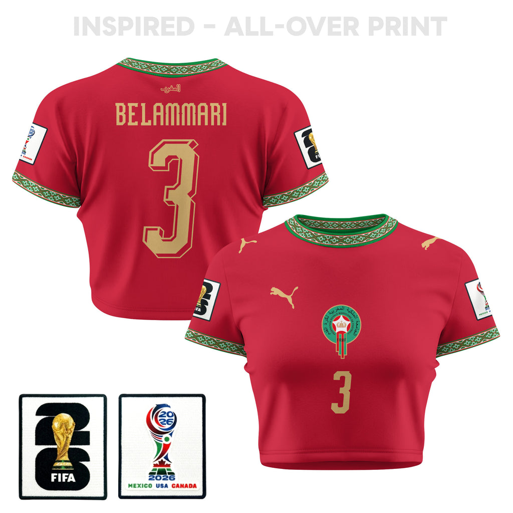 Youssef Belammari 3 Morocco 2026 Women's Home All-Over Print Cropped Jersey - Red