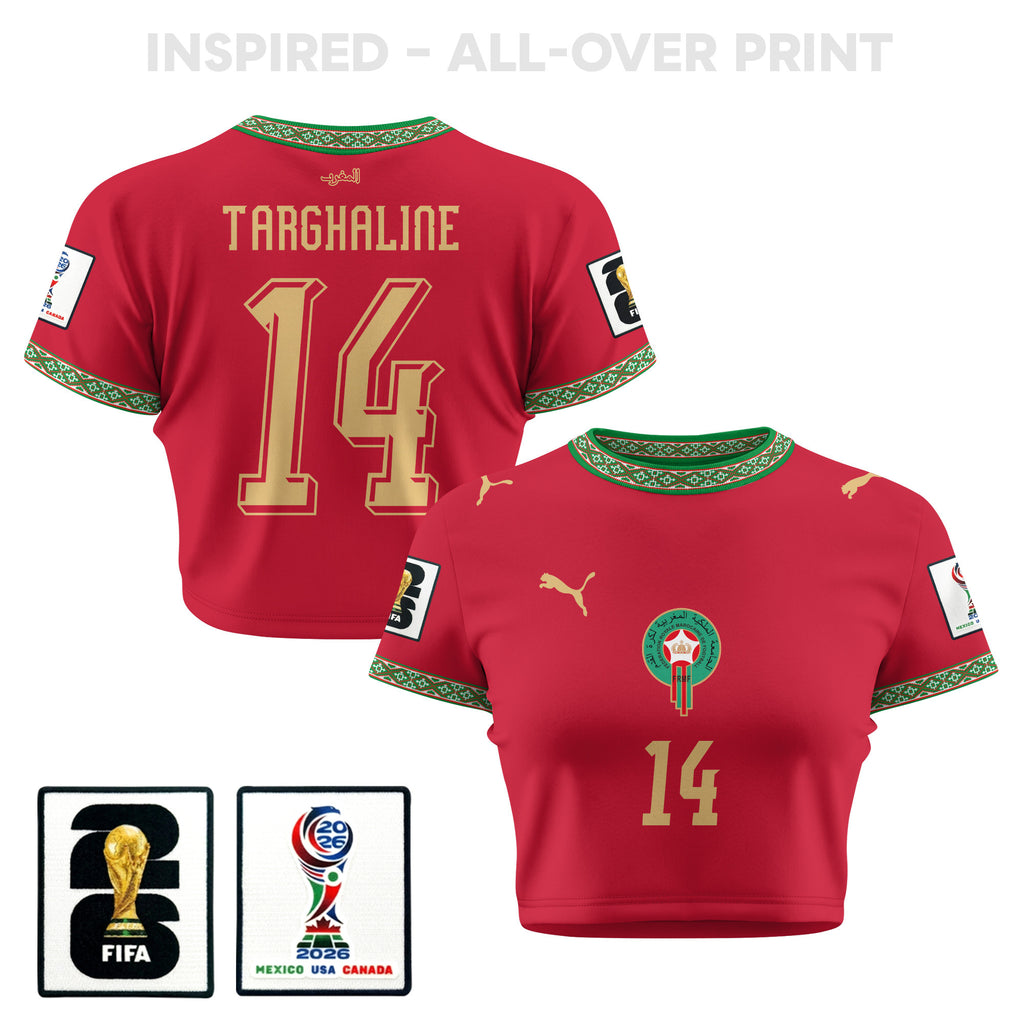 Oussama Targhaline 14 Morocco 2026 Women's Home All-Over Print Cropped Jersey - Red
