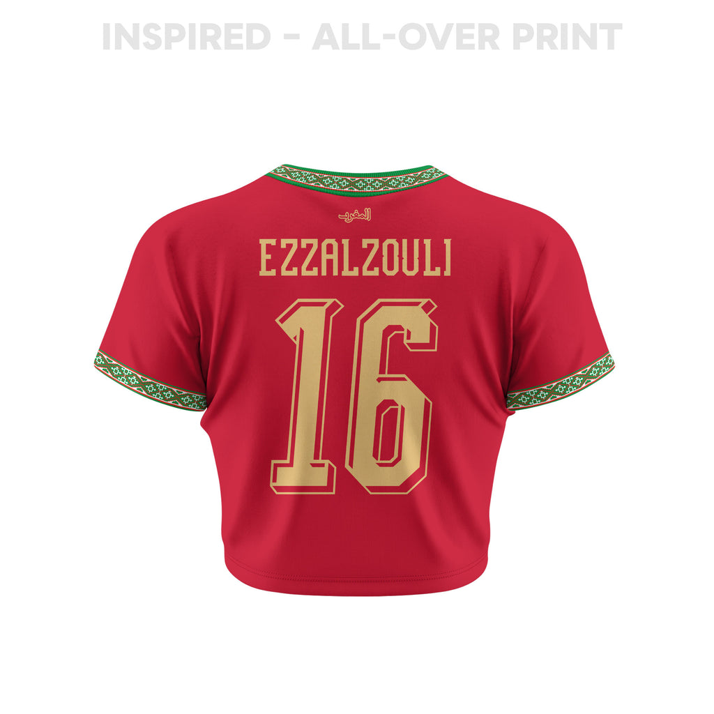 Abde Ezzalzouli 16 Morocco 2026 Women's Home All-Over Print Cropped Jersey - Red