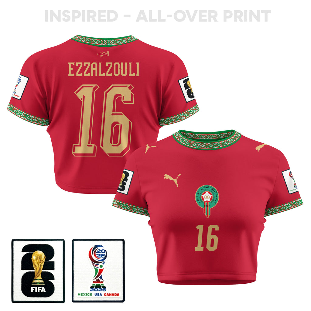 Abde Ezzalzouli 16 Morocco 2026 Women's Home All-Over Print Cropped Jersey - Red