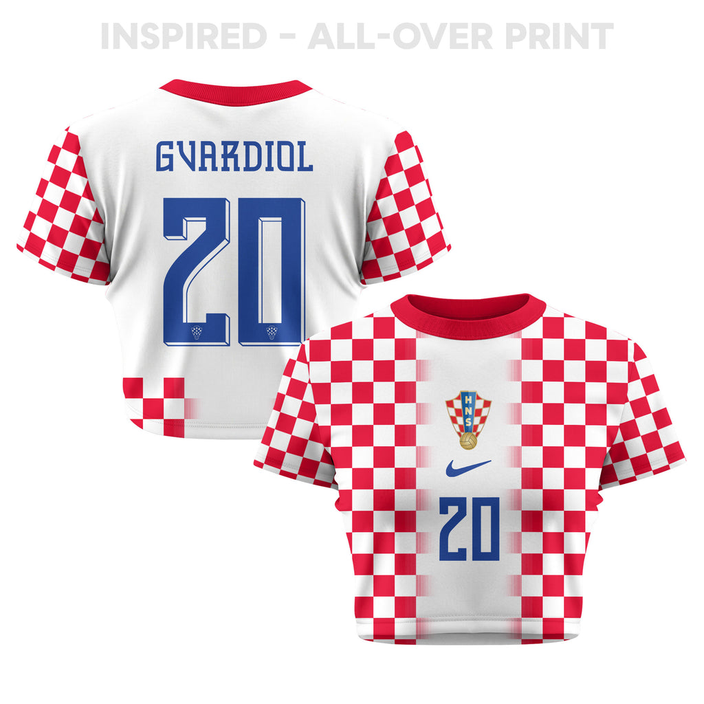 Joško Gvardiol 20 Croatia 2026 Women's Home All-Over Print Cropped Jersey - White