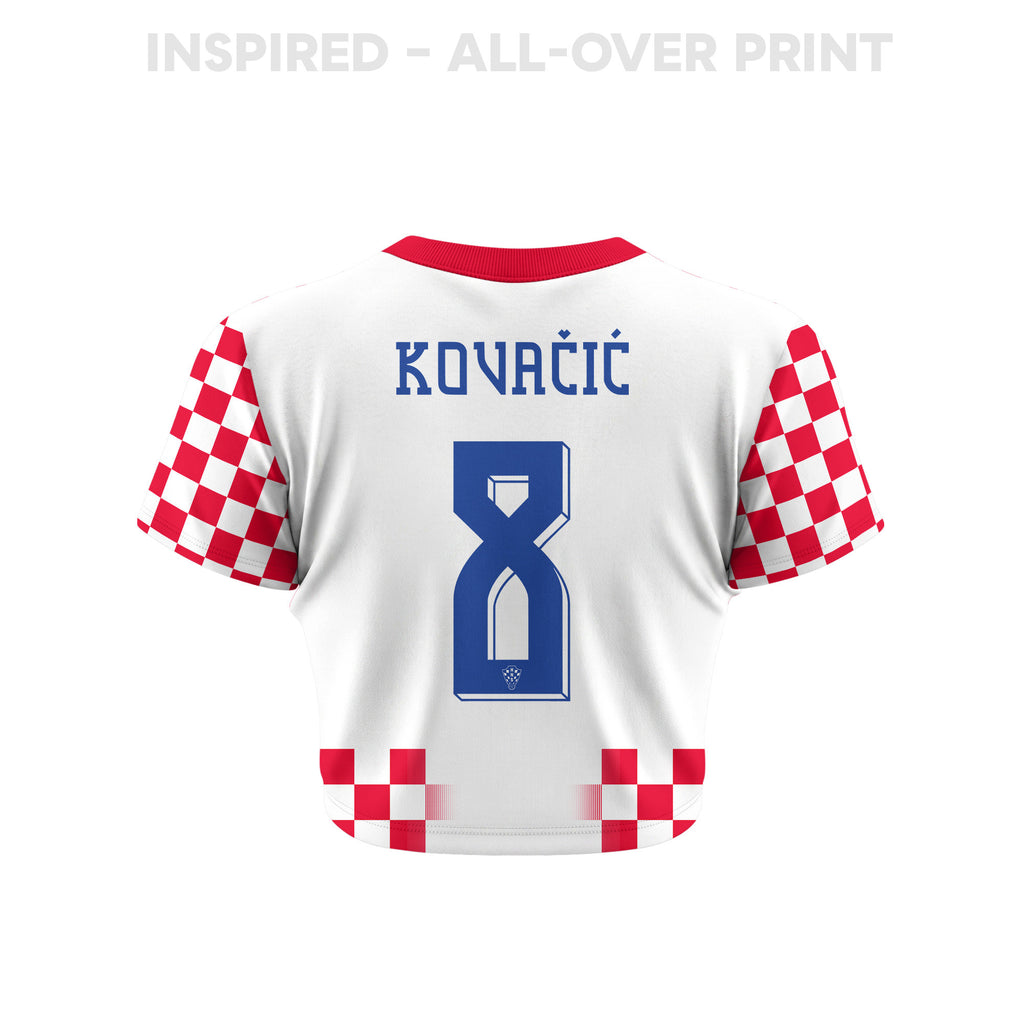 Mateo Kovačić 8 Croatia 2026 Women's Home All-Over Print Cropped Jersey - White