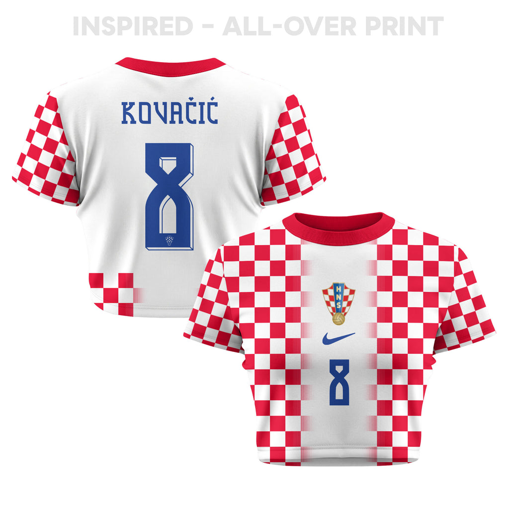 Mateo Kovačić 8 Croatia 2026 Women's Home All-Over Print Cropped Jersey - White