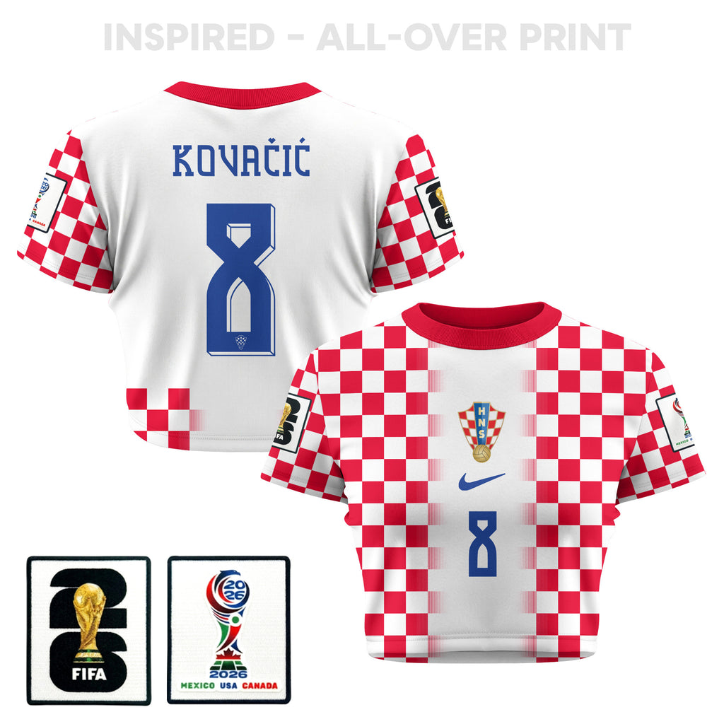 Mateo Kovačić 8 Croatia 2026 Women's Home All-Over Print Cropped Jersey - White