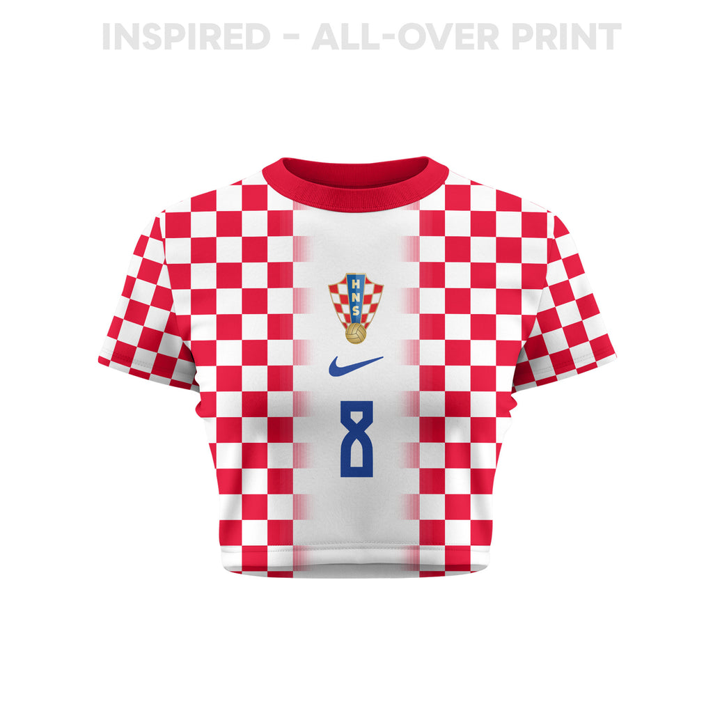 Mateo Kovačić 8 Croatia 2026 Women's Home All-Over Print Cropped Jersey - White