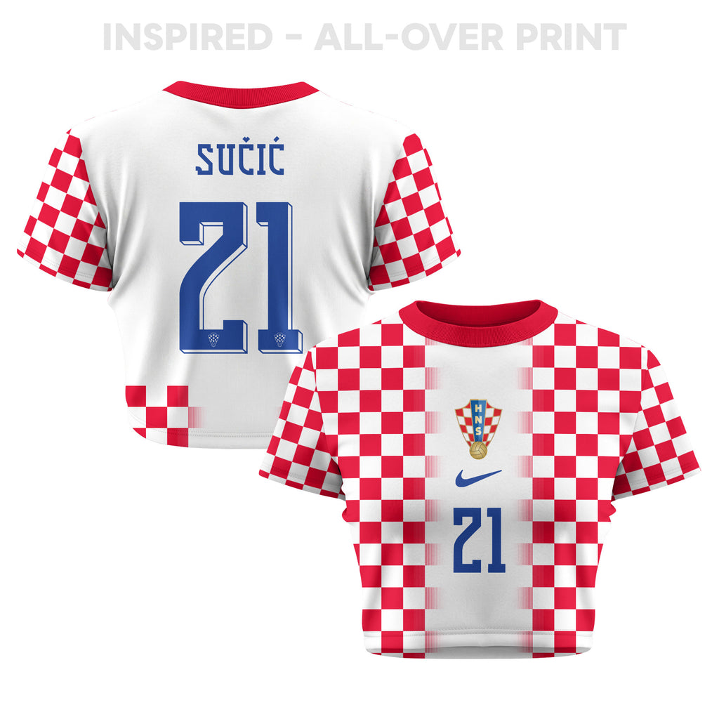 Luka Sučić 21 Croatia 2026 Women's Home All-Over Print Cropped Jersey - White