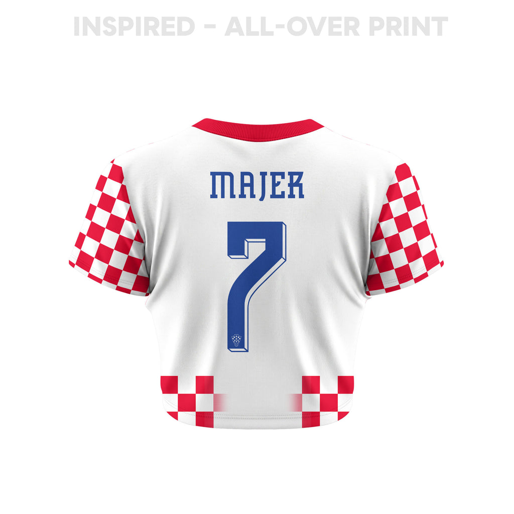 Lovro Majer 7 Croatia 2026 Women's Home All-Over Print Cropped Jersey - White