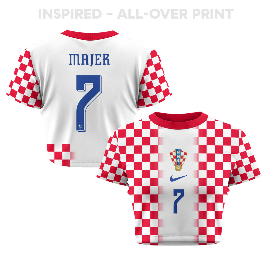 Lovro Majer 7 Croatia 2026 Women's Home All-Over Print Cropped Jersey - White