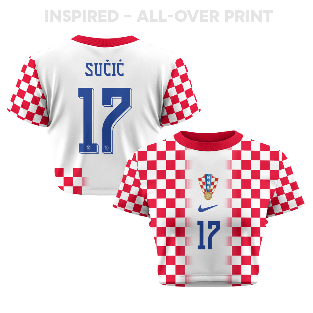 Petar Sučić 17 Croatia 2026 Women's Home All-Over Print Cropped Jersey - White